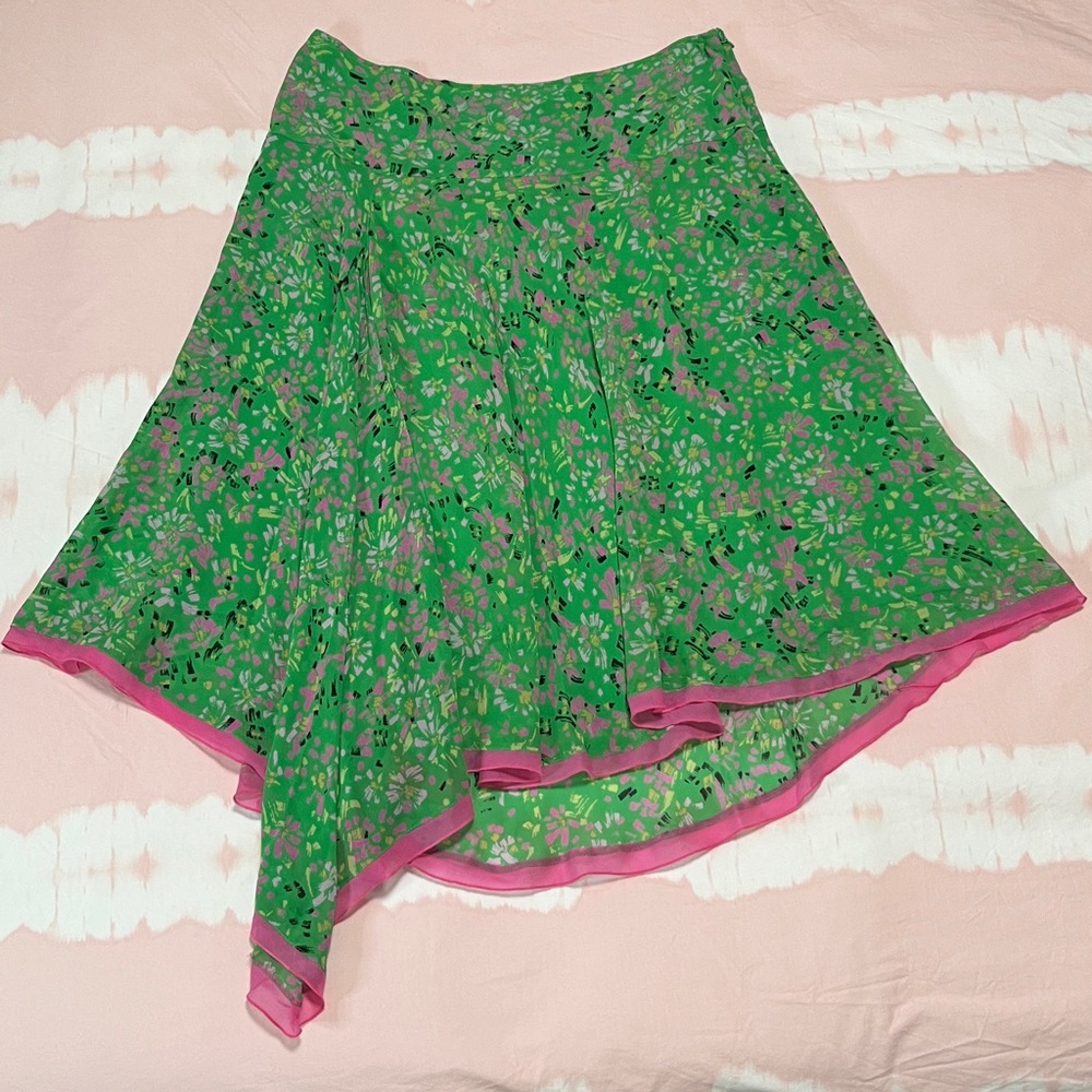 Y2K BCBGMaxAzria Green and Pink Silk Low Waist Floral Skirt size S